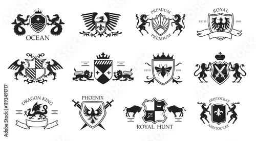 Heraldic animal emblem templates. Elegant coat of arms, noble crest designs with stencil mythical creatures, phoenix bird, royal unicorn, beetle shield, deer and bull vector set.