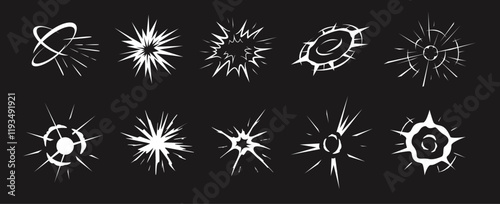 Explosion burst cartoon effect. Dynamic blast rays, exploding energy sparks, round bomb explode and circle boom visual. Abstract radial explosions stencil silhouettes vector set.