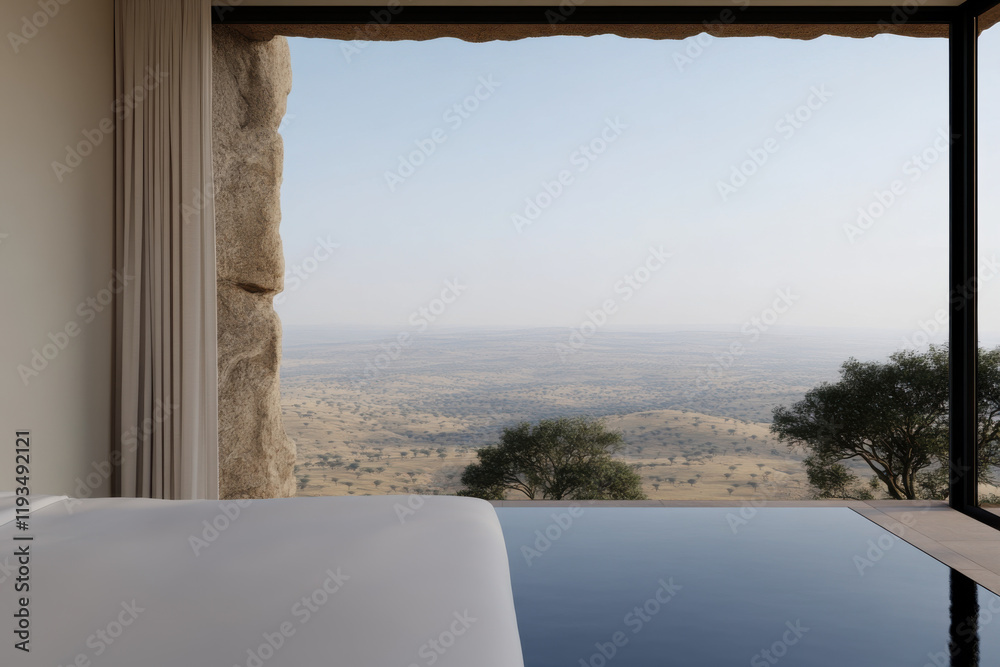 A bedroom with a large window overlooking a desert landscape A bedroom with a large window overlooking a desert landscape