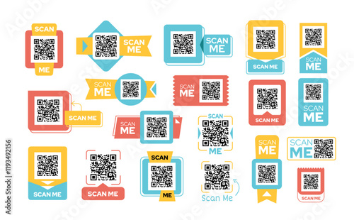 Colorful QR code labels. Scan me frames, smartphone code templates, mobile payment or app promotional stickers various shapes isolated vector set.