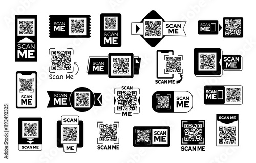 Scan qr code frames. Scan me stickers for mobile app or instant payment, smartphone scanning banners for marketing, social media promotions and information sharing isolated vector templates set.