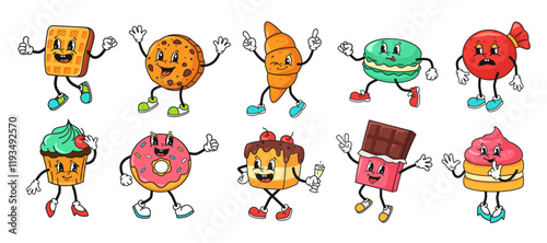 Retro dessert character. Cartoon sweets mascots, smiling cookie, playful waffle, croissant and tasty macaron. Cute cupcake, funny donut, chocolate bar and cake, rubber hose style vector set.