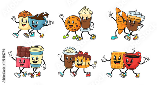 Cartoon coffee and dessert couples. Retro mascot pairs of sweets and coffee cups. Espresso and croissant, chocolate bar and cake with coffee to go, waffle and cookie with drinks vector set.