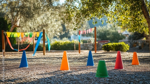 A fun outdoor obstacle course with cones, hoops, and colorful flags