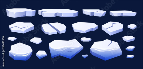 Cartoon floating ice. Antarctic floes pieces and various shapes of glaciers. Frozen arctic blocks of ice in cold water isolated vector illustrations set.
