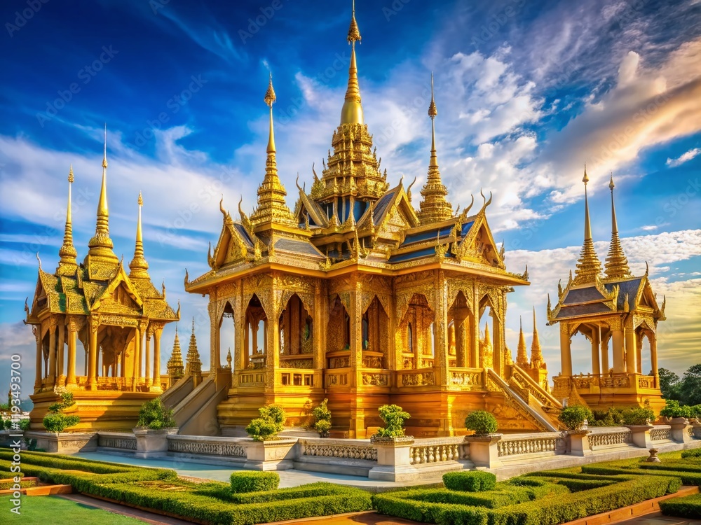 Naklejka premium Grand Royal Crematorium Replica, Sanam Luang, Bangkok, Thailand: A Majestic Funeral Ceremony Landscape