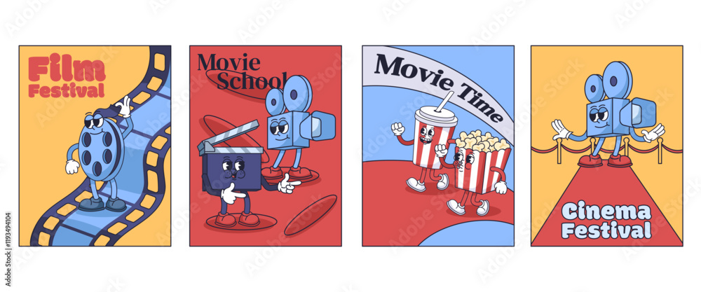 Obraz premium Cinema posters. Film festival, movie time and film school flyer designs with playful cartoon mascot film reel, clapboard, retro film camera, popcorn and drink characters. vector set.