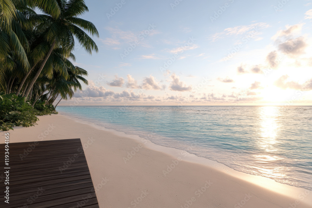 Fototapeta premium A beach scene with a wooden bench and a palm tree in the background