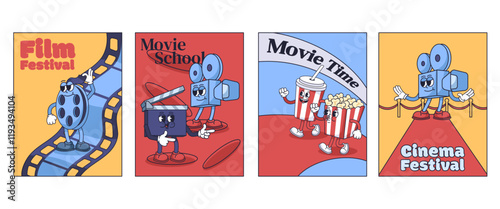 Cinema posters. Film festival, movie time and film school flyer designs with playful cartoon mascot film reel, clapboard, retro film camera, popcorn and drink characters. vector set.