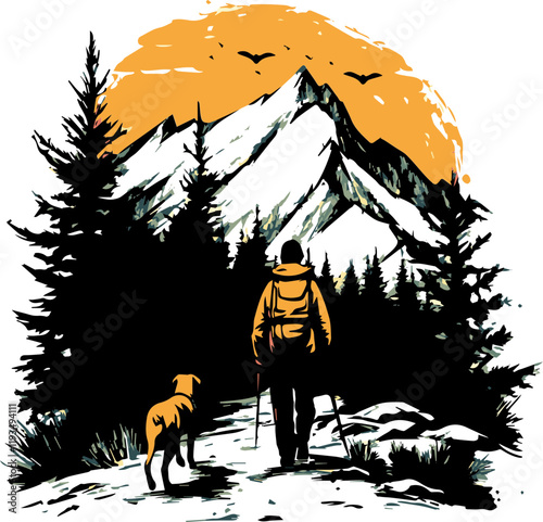 man dog goes in winter landscape with snow and trees