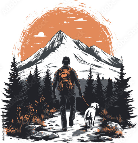 man dog goes in winter landscape with snow and trees
