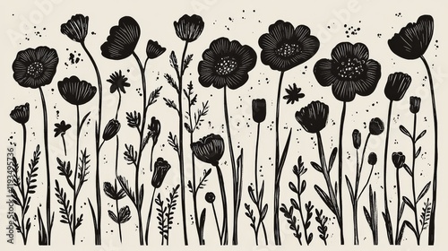 Black and White Linocut Floral Composition - Springtime Bloom, Linocut, Floral Art, Floral Design