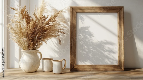 Rustic Home Decor with Dried Flowers and Empty Frame on Table