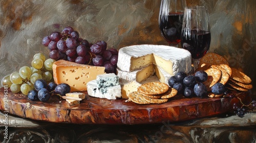 A Still Life Featuring Cheese Grapes and Wine photo