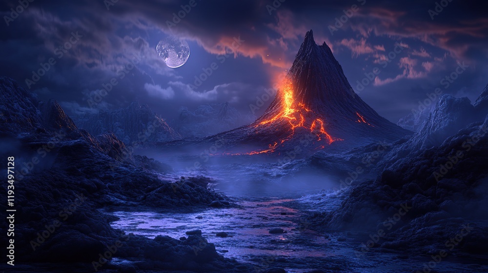 Naklejka premium volcanic mountain, lava flow on ground with smoke drifting