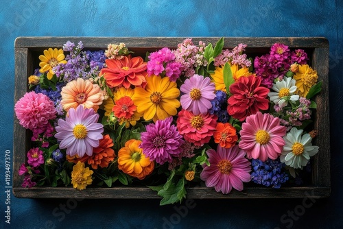 wooden tray filled with assorted flowers, elegantly arranged against a vibrant blue backdrop, showcasing nature's beauty and creating a refreshing and artistic visual experience