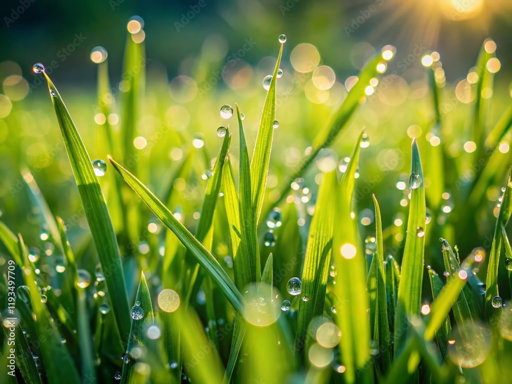 Fototapeta premium Ground Level Close-up of Dewy Grass Blades After Watering, Soft Focus Water Droplets