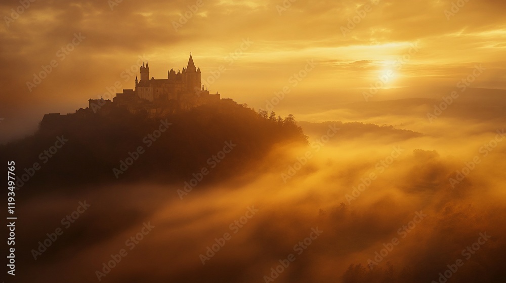Obraz premium Majestic Castle Silhouette at Sunrise Over Misty Hills