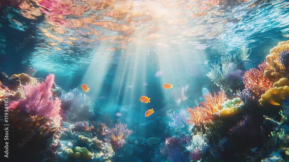 Fototapeta premium Vibrant Coral Reef Ecosystem Undersea Sunlight Fish
