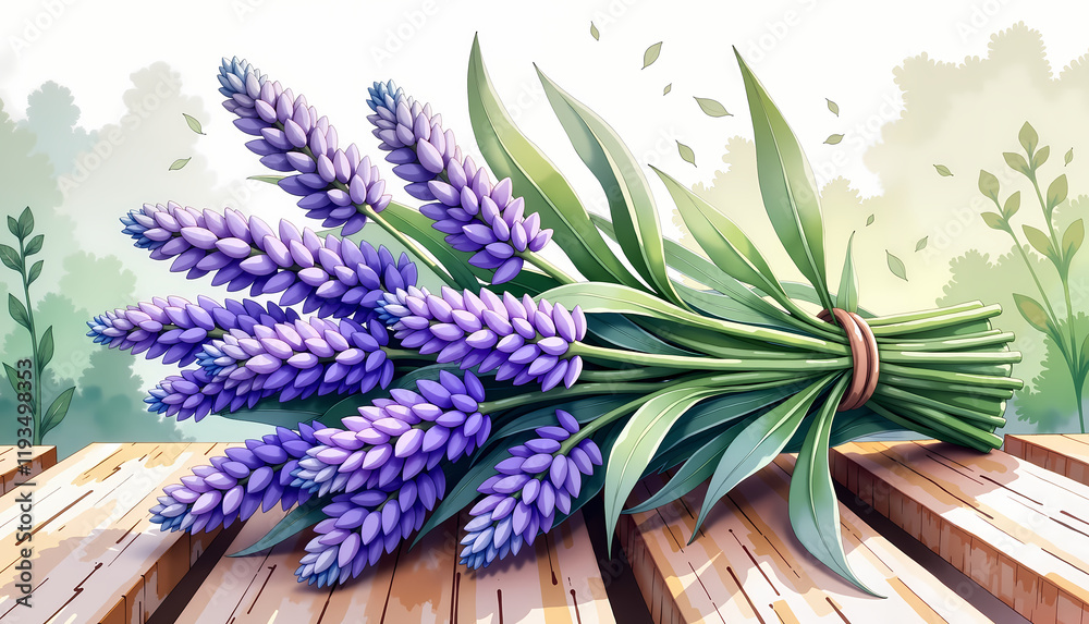 Obraz premium Lavender bouquet resting on wooden surface, calming beauty, Vibrant sunset over purple mountains and flowers, serene beauty, International Women's Day