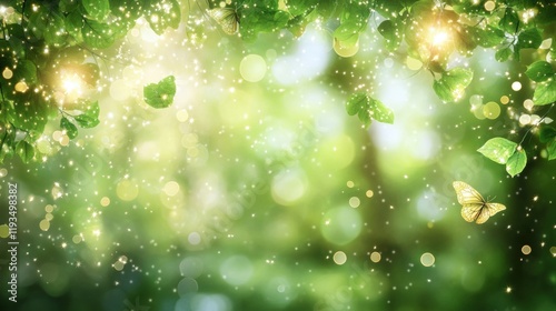 Enchanted Nature Background with Sparkling Lights and Butterflies