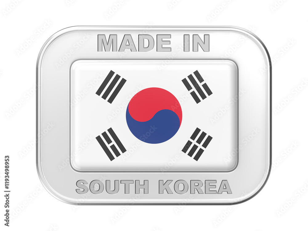 Made in South Korea, silver badge with the national flag of the Republic of Korea Made in South Korea, silver badge with the national flag of the Republic of Korea