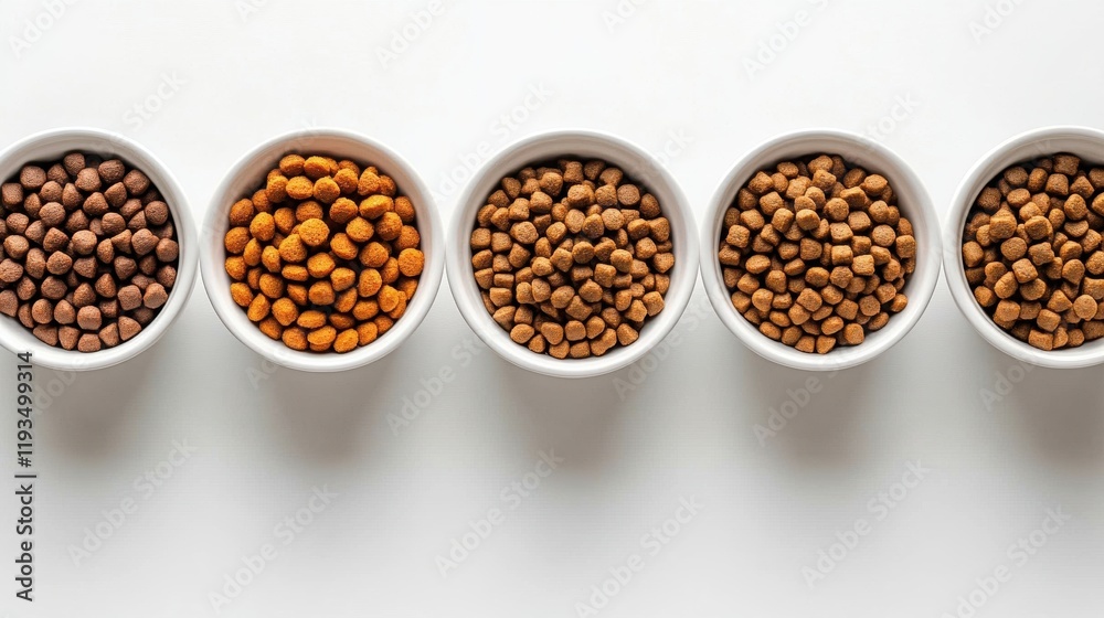 Assorted Pet Food Kibble in White Bowls on Light Background Assorted Pet Food Kibble in White Bowls on Light Background
