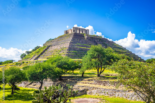 El Pueblito Pyramid in Queretaro seen from above and surrounded by the city