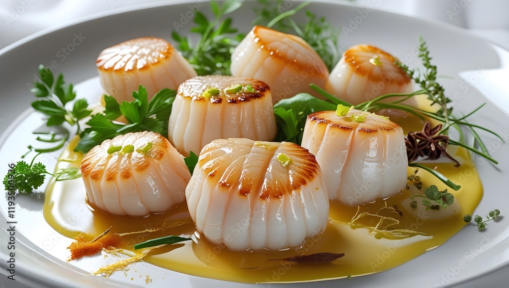 beautiful plate of sous-vide seared scallops with herbs and spices. beautiful plate of sous-vide seared scallops with herbs and spices.