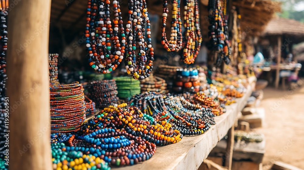 Fototapeta premium Colorful beaded necklaces and bracelets displayed at an african market