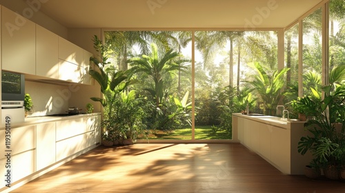 Bright Modern Kitchen with Lush Greenery and Sunlight Streaming In
