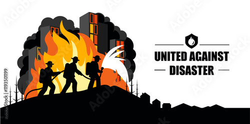 Silhouettes of Firefighters Pulling a Hose with Burning Buildings, Conceptual Image for Banners