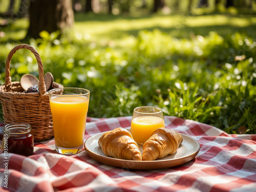 Croissants, juice and jam for a breakfast picnic in summer nature. Close-up.