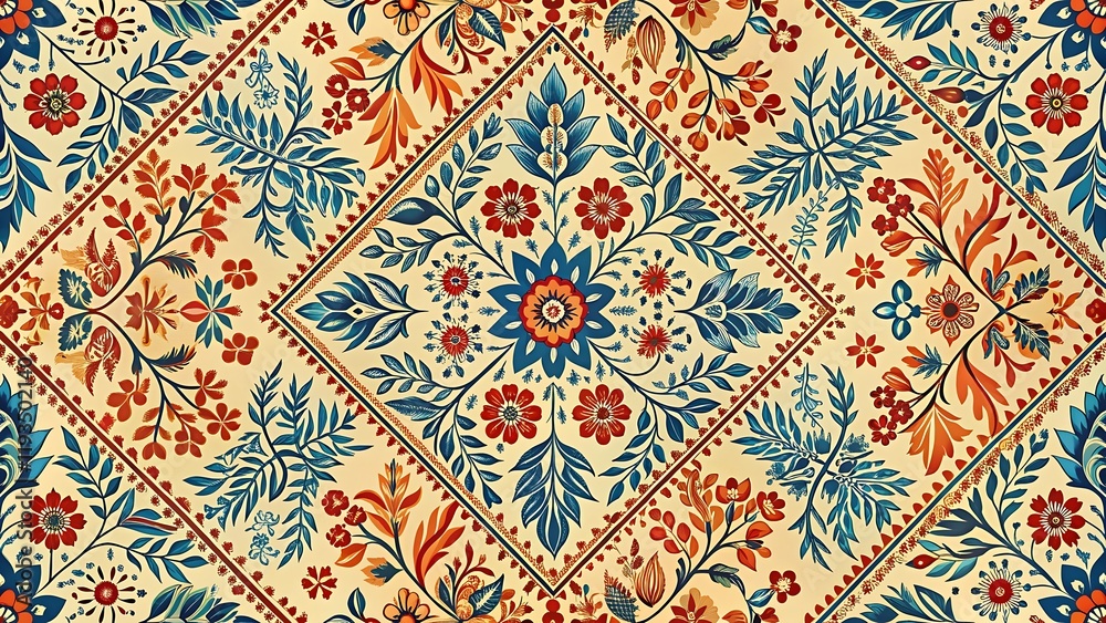 Traditional Geometric Floral Pattern with Warm Tones of Orange, Blue, and Red on a Beige Background Traditional Geometric Floral Pattern with Warm Tones of Orange, Blue, and Red on a Beige Background