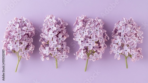 Lilac blossoms arranged in a row on a pastel purple background