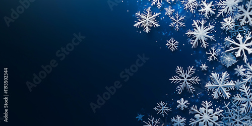 Snowflakes close-up on dark blue background with copy space. Greeting card with Christmas theme. Winter background. Christmas background for layout