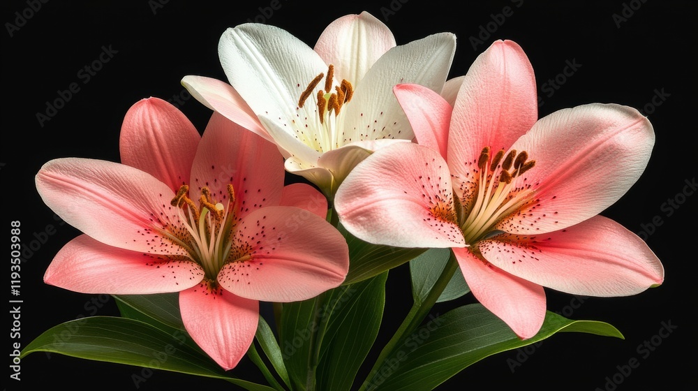 Fototapeta premium Beautifully Arranged Pink and White Lilies on Black Background