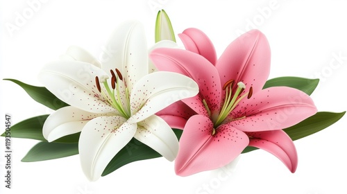 Beautiful Pink and White Lilies with Green Leaves on White Background