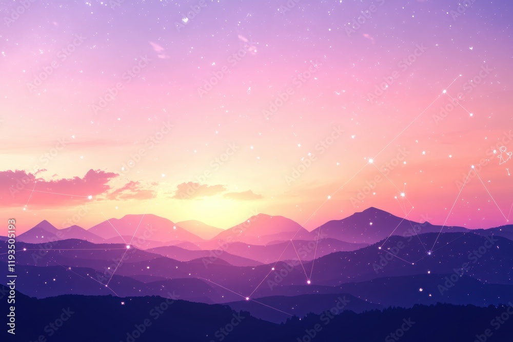 Naklejka premium Serene Sunset Over Mountain Range with Pastel Sky and Stars