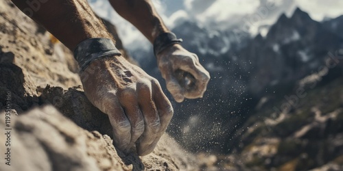 A close-up of a climber's hands gripping a jagged rock edge, chalk dust flying into the air, with a blurry mountain landscape in the background