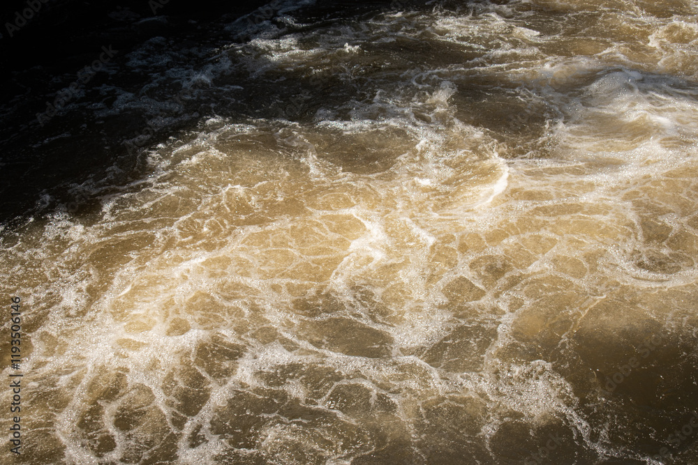Fototapeta premium Close up of splashing and foaming water in river rapids.