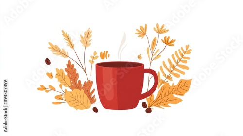 Autumnal coffee mug, warm drink, fall leaves, cozy scene, illustration photo
