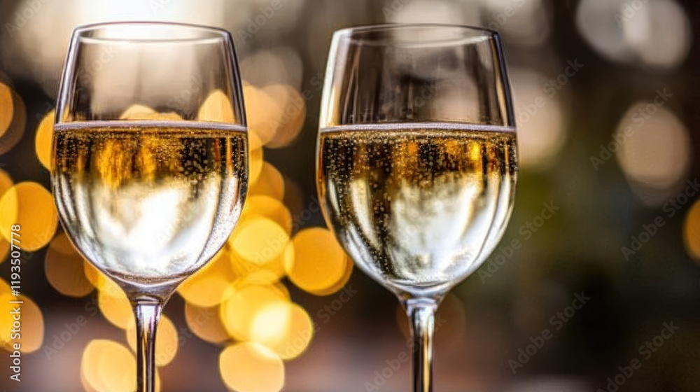 Two Glasses of Sparkling Wine with a Beautiful Festive Bokeh Background for Celebrations. Two Glasses of Sparkling Wine with a Beautiful Festive Bokeh Background for Celebrations.
