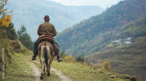 Rear back view of man riding a donkey in rural mountain nature landscape. traditional mule farm travel and transportation, burden, ass, peasant, livestock, ancient village work culture journey. photo