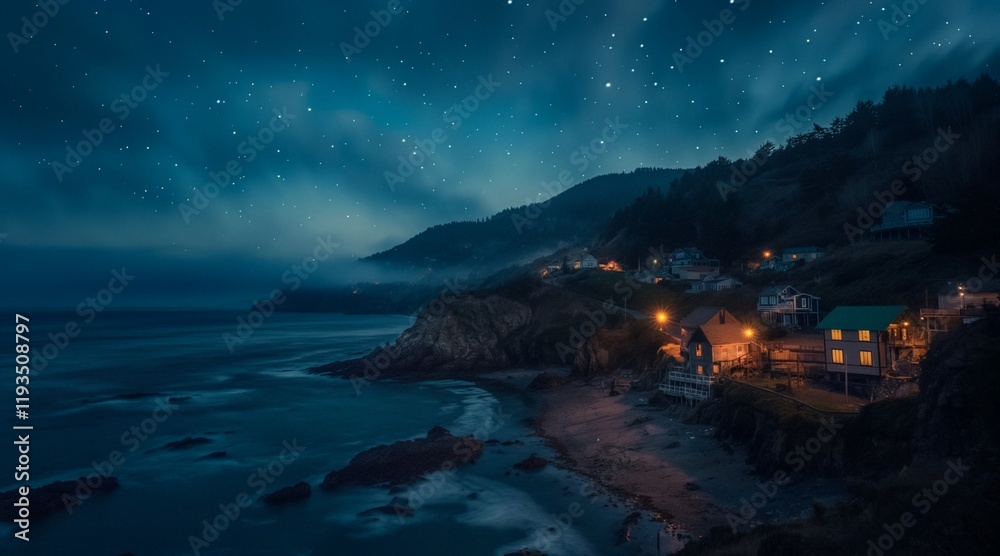 Naklejka premium Coastal Nightscape with Starry Sky and Illuminated Houses in Serene Setting