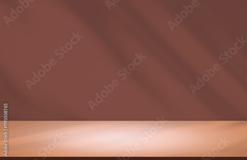 Brown background with mocha mousse wall color trend 2025 and empty stage with light and shadow on beige floor surface for product mockup display presentation backdrop, illustration
