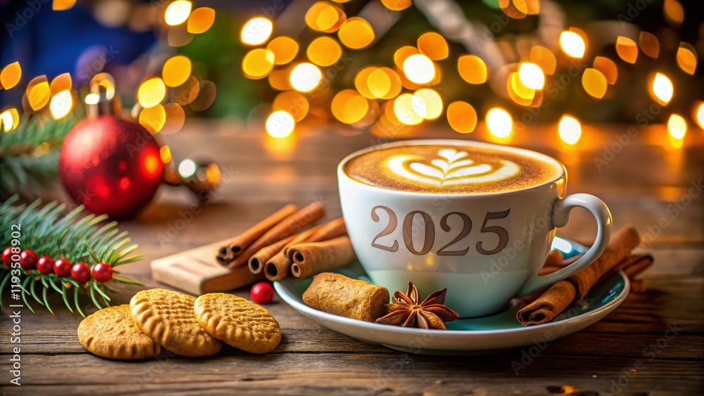 Fototapeta premium Happy New Year 2025 Latte Art: Festive Coffee, Cinnamon, Cookies, Bokeh