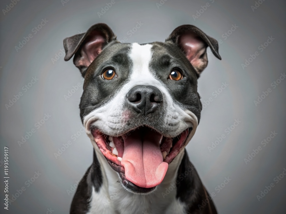 Happy Pit Bull Dog, Smiling, Tongue Out, Gray Background, Drone Photography Stock Photo Happy Pit Bull Dog, Smiling, Tongue Out, Gray Background, Drone Photography Stock Photo