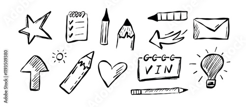 Collection of hand drawn doodles featuring various symbols and simple sketches