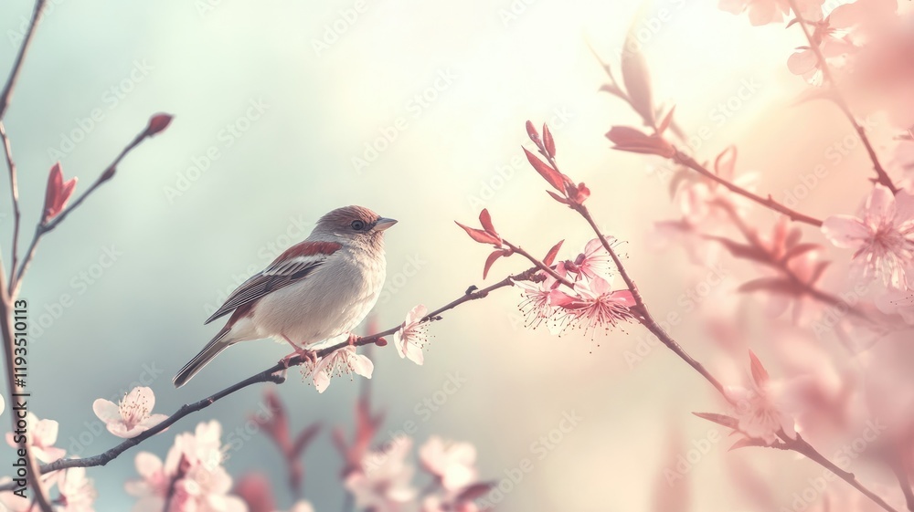 Sparrow perched on branch with pink blossoms in soft sunlight Sparrow perched on branch with pink blossoms in soft sunlight